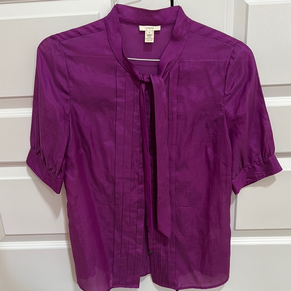 J. Crew Purple 3/4 Sleeve Tie Front Blouse